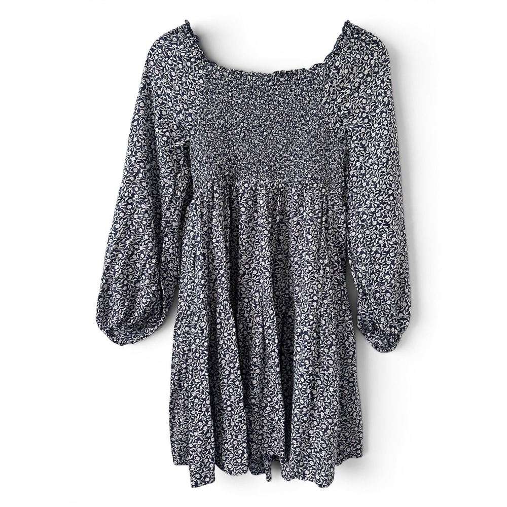 Boho Floral Smocked Dress Womens Small Blue Peasant Cottagecore Pockets - Picture 2 of 8